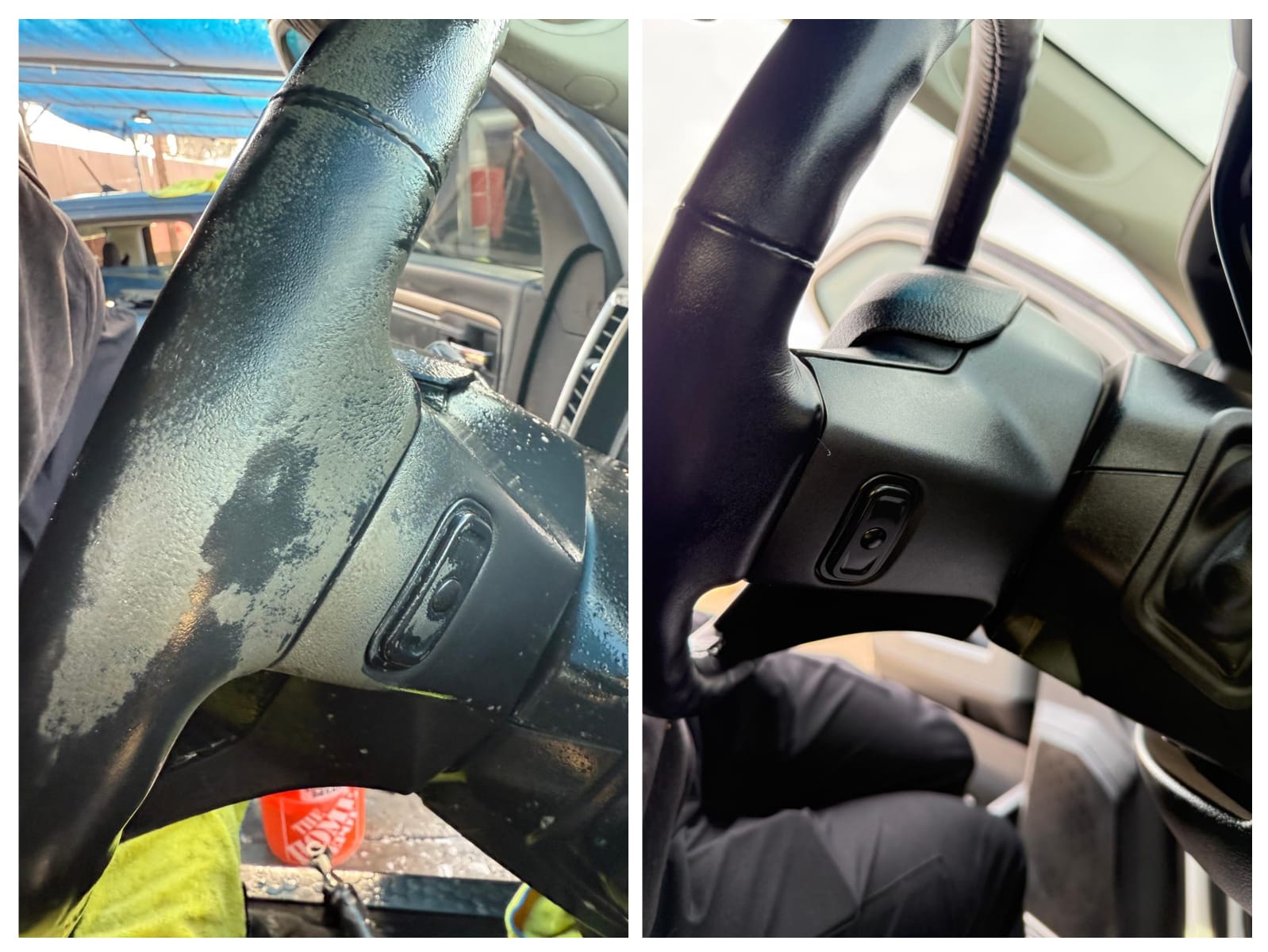 Acondicionado de piel del volante antes y después